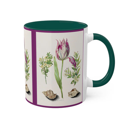 Tulip, Branches of Myrtle and Shells by Maria Sibylla Merian Colorful Mugs, 11oz
