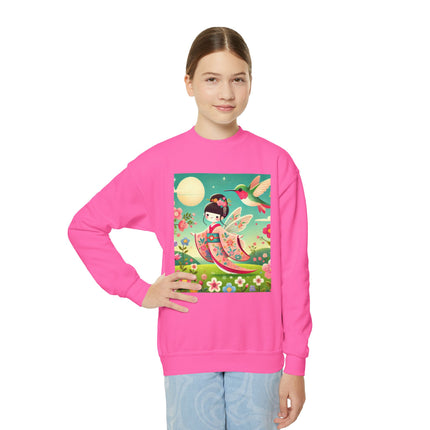Geisha Fairy and the Hummingbird Blossom Youth Crewneck Sweatshirt – Magic, Grace & Dreamlike Beauty