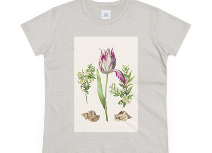 Tulip flower with Two Branches of Myrtle and Shells Cotton Tee