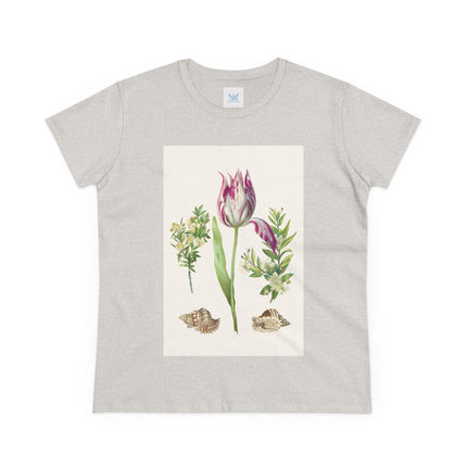 Tulip flower with Two Branches of Myrtle and Shells Cotton Tee