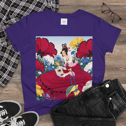❤️🌺 The Scarlet Garden Storybook Cotton Tee – Art Deco Floral Elegance