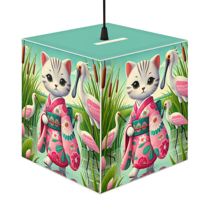 🌸🦩 Geisha Kitten Strolls Among the Spoonbills Light Cube Lamp – Serene Grace & Marshland Wonder