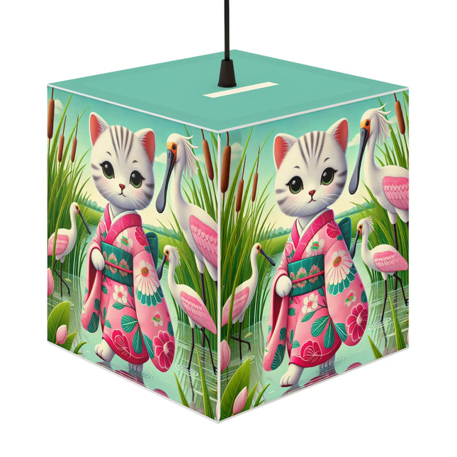 🌸🦩 Geisha Kitten Strolls Among the Spoonbills Light Cube Lamp – Serene Grace & Marshland Wonder