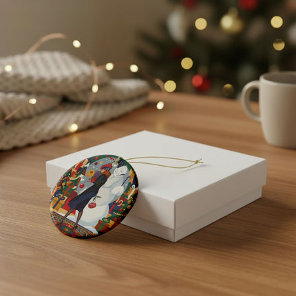 ☃️🎄 The Snowman's Christmas Companion Ceramic Ornament – Art Deco Holiday Fantasy