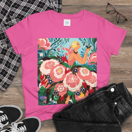 🌸🐦 The Girl Of The Little Birds Cotton Tee – Art Deco Floral Whimsy