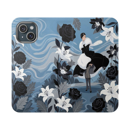 🖤🤍 The Lady Of The Black Rose Garden Flip Case – Art Deco Floral Elegance