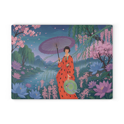 🌸☂️ The Lady Of The Lotus Garden Glass Cutting Board – Art Deco Oriental Floral Elegance