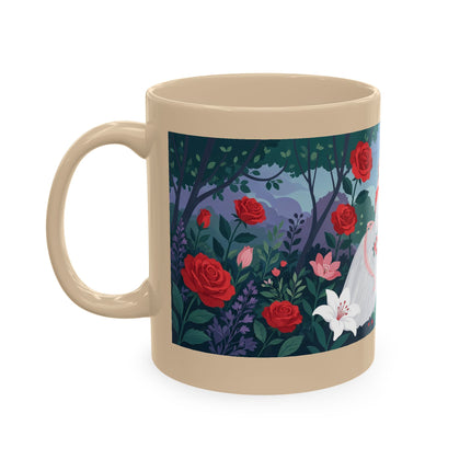🌹💌 The Lady Blowing Kisses In The Rose Garden Ceramic Mug – Art Deco Floral Romance
