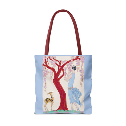 Woman, Fawn, and Red Tree by George Barbier Tote Bag (AOP)