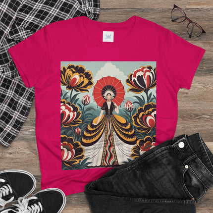 ❤️🌺 The Scarlet Parasol Garden Cotton Tee – Art Deco Floral Elegance