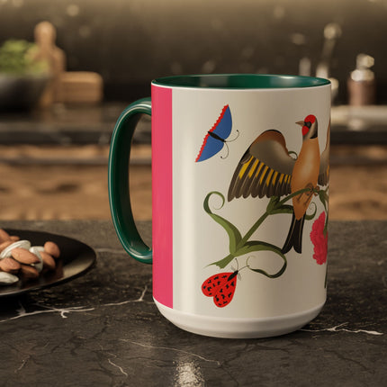 Goldfinch & Pink Flowers Colorful Mugs – Vibrant Spring & Bold Beauty