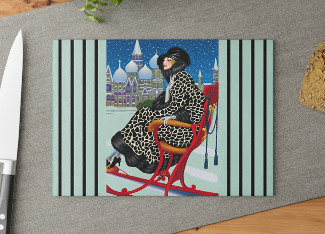 Elegant Winter Woman in Sleigh Glass Cutting Board