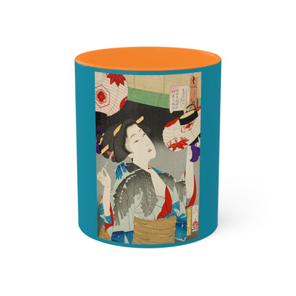 Looking Observant; The Appearance of a Kyoto Waitress of the Meiji Era by Tsukioka Yoshitoshi Colorful Mugs, 11oz
