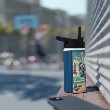 Geisha Kitten by the Seaside Stainless Steel Water Bottle, Standard Lid