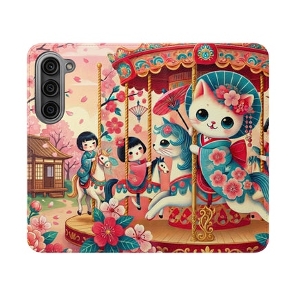 🎠🌸 Geisha Kitten's Enchanted Carousel Flip Case – Whimsical Dreams & Cherry Blossom Magic