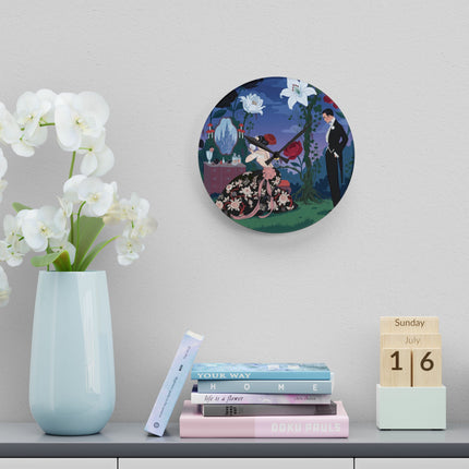 🌹🪞 The Lady Of The Midnight Garden Vanity Acrylic Wall Clock – Art Deco Floral Romance