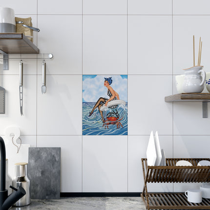 🦀🌊 The Seaside Crab Ride Ceramic Tile – Art Deco Beach Whimsy