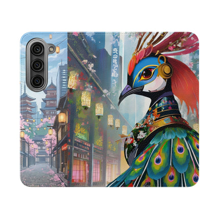🦚🌸 Techno Plumes Peacock Flip Case – Neon Elegance & Sakura Dreams