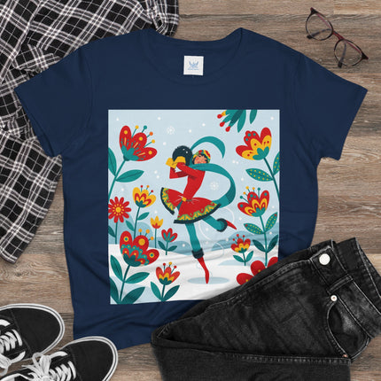 ⛸️🌺 The Winter Flower Skater Cotton Tee – Whimsical Winter Fashion