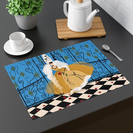 🎭🌹 The Lady At The Masquerade Gates Placemat – Art Deco Fashion Illustration