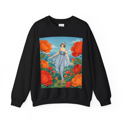 🌺🩵 The Poppy Hill Promenade Crewneck Sweatshirt – Art Deco Fashion Whimsy