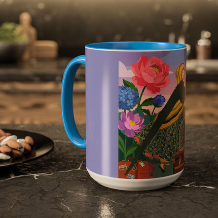 The Lady And The Crimson Birdcage Colorful Mugs – Art Deco Tropical Garden Elegance