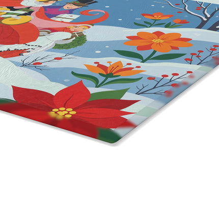 🎄🌺 The Christmas Carolers In The Poinsettia Garden Glass Cutting Board – Whimsical Holiday Fantasy