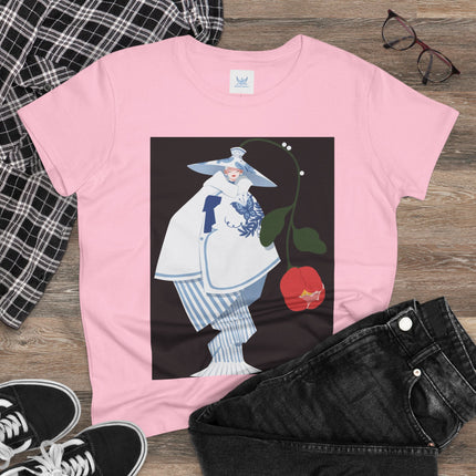 Blue & White Porcelain Geisha Women's Midweight Cotton Tee – Refined Elegance & Timeless Charm