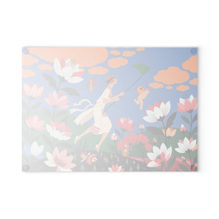🌸🦋 The Butterfly Chase Garden Glass Cutting Board – Art Deco Whimsical Floral Elegance