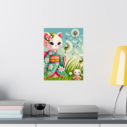 🌾🌼 Geisha Kitten and the Dandelion Wish Matte Vertical Poster – Gentle Wishes & Quiet Wonder