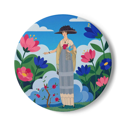 🌸🎩 The Lady Of The Grand Flower Garden Ceramic Coaster – Art Deco Fashion Illustration