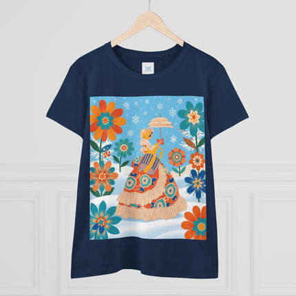 🌼❄️ The Winter Parasol Lady Cotton Tee – Art Deco Floral Fantasy