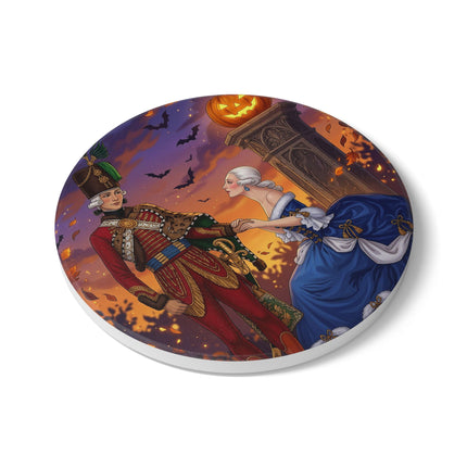 🎃💙 The Pumpkin Lantern Courtship Ceramic Coaster – Romantic Halloween Elegance