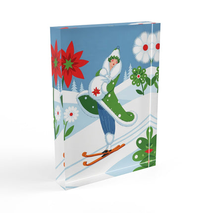 🎿❄️ The Winter Garden Skier Acrylic Art Block – Whimsical Holiday Fantasy