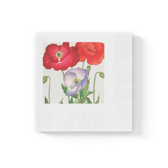 Poppies by Tanigami Kônan White Coined Napkins – Bold Blooms & Japanese Woodblock Elegance