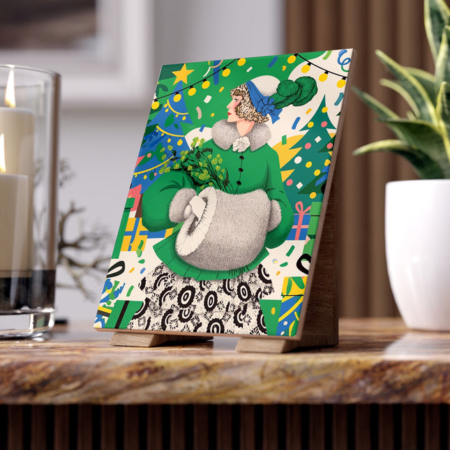 🌿🎄 The Emerald Holly Christmas Ceramic Tile – Art Deco Holiday Elegance