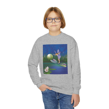 Fairy on a Dragonfly Youth Crewneck Sweatshirt – Enchanting Moonlit Fantasy