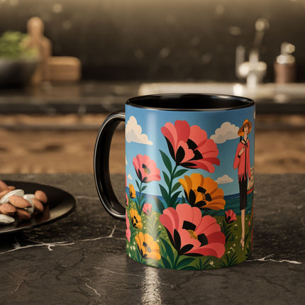 🌸⛵ The Seaside Blossom Promenade Colorful Mug – Art Deco Coastal Elegance