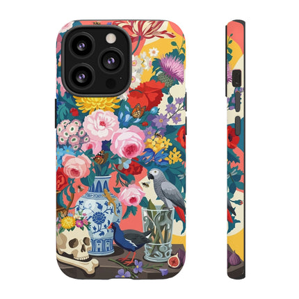 Floral Vanitas Phone Case – Parrot & Porcelain Splendor
