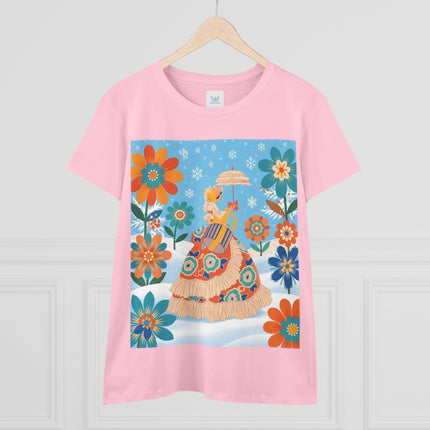 🌼❄️ The Winter Parasol Lady Cotton Tee – Art Deco Floral Fantasy