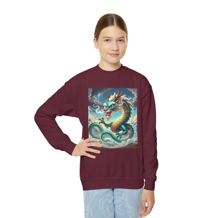Tibetan Dragon in Battle Youth Crewneck Sweatshirt – Power, Motion & Mythic Adventure
