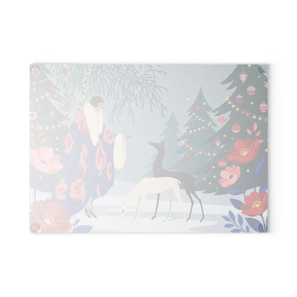 🦌🌲 The Lady Of The Christmas Forest Glass Cutting Board – Art Deco Holiday Elegance