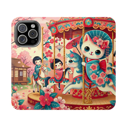 🎠🌸 Geisha Kitten's Enchanted Carousel Flip Case – Whimsical Dreams & Cherry Blossom Magic