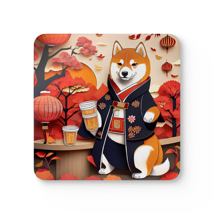 Shiba Inu at an Autumn Harvest Fair Corkwood Coaster Set