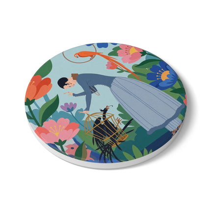 🦜🌺 The Lady Of The Garden Aviary Ceramic Coaster – Art Deco Floral Whimsy