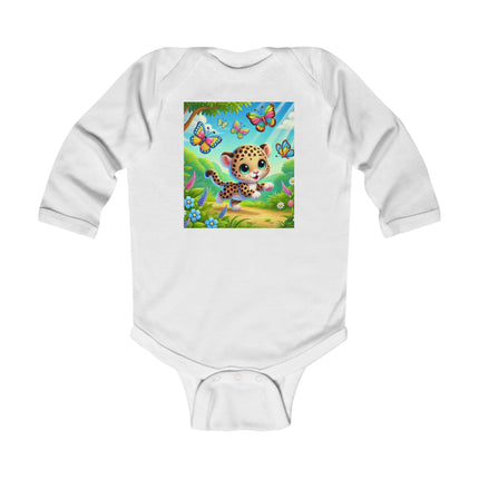 Butterfly Chase Leopard Cub Baby Long Sleeve Bodysuit – Whimsical Meadow Adventure Design
