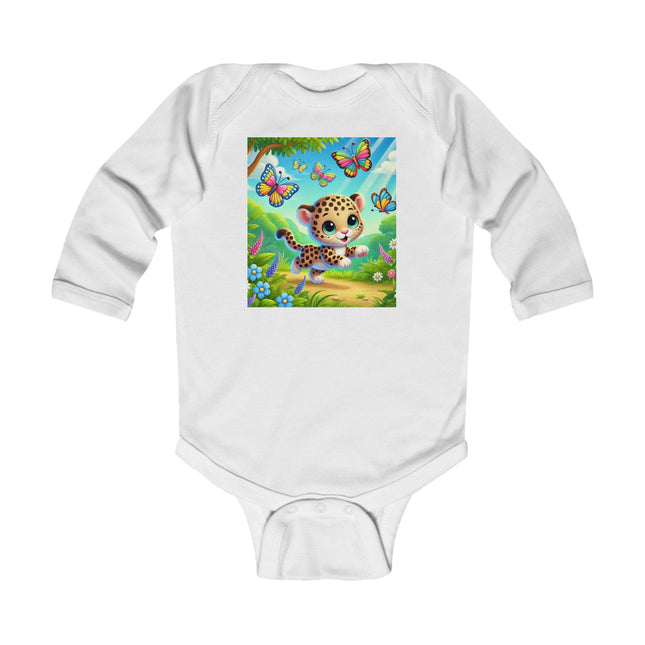 Butterfly Chase Leopard Cub Baby Long Sleeve Bodysuit – Whimsical Meadow Adventure Design