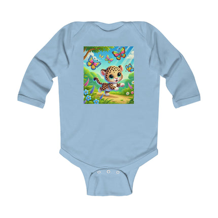 Butterfly Chase Leopard Cub Baby Long Sleeve Bodysuit – Whimsical Meadow Adventure Design