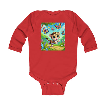 Butterfly Chase Leopard Cub Baby Long Sleeve Bodysuit – Whimsical Meadow Adventure Design