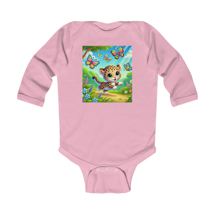 Butterfly Chase Leopard Cub Baby Long Sleeve Bodysuit – Whimsical Meadow Adventure Design
